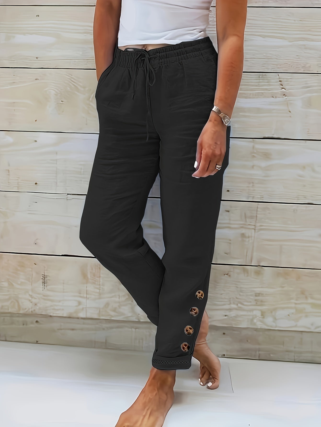 Sarah | Pantalon décontracté à taille élastique et boutons décoratifs pour femme