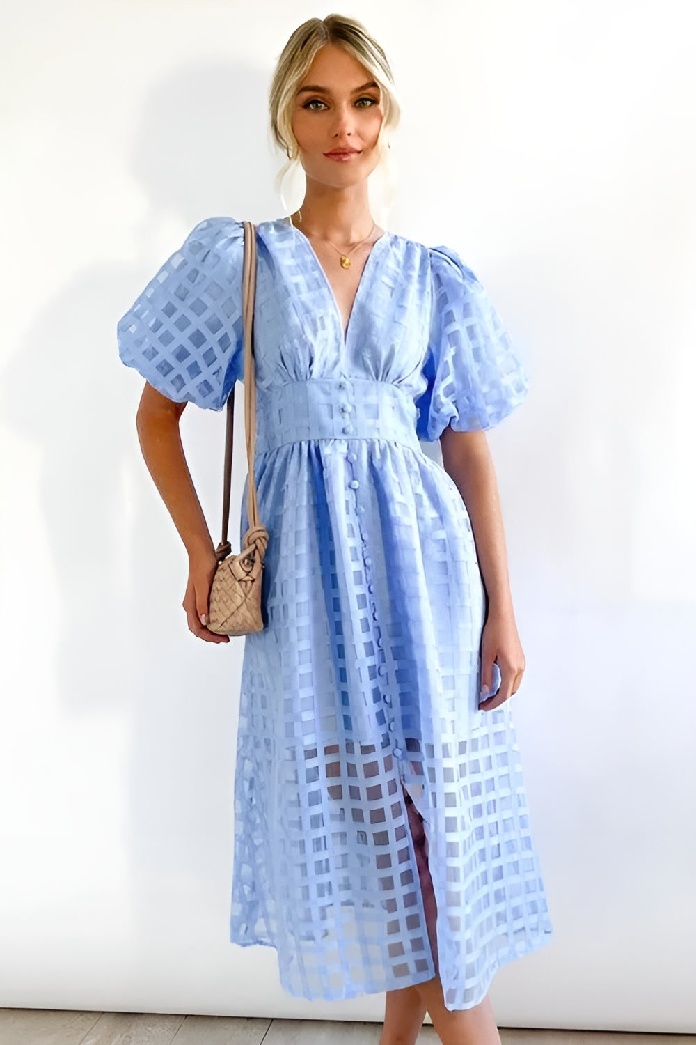 Anaïs | Robe midi à manches bouffantes et détails ajourés pour femme