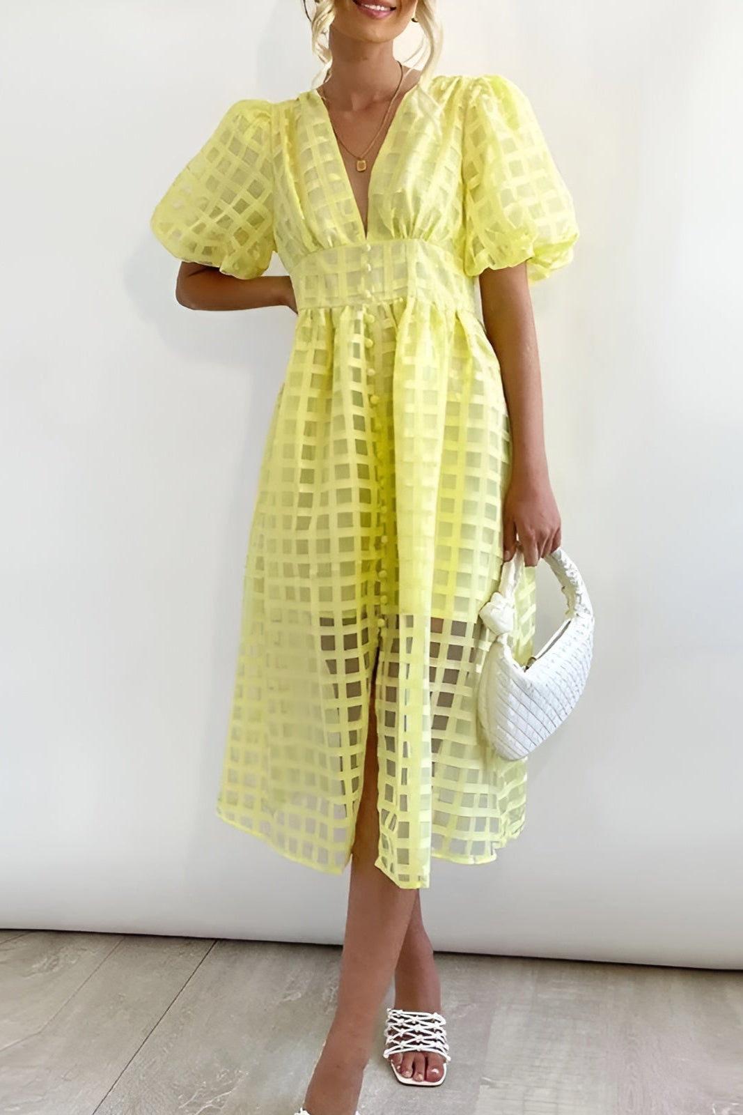 Anaïs | Robe midi à manches bouffantes et détails ajourés pour femme