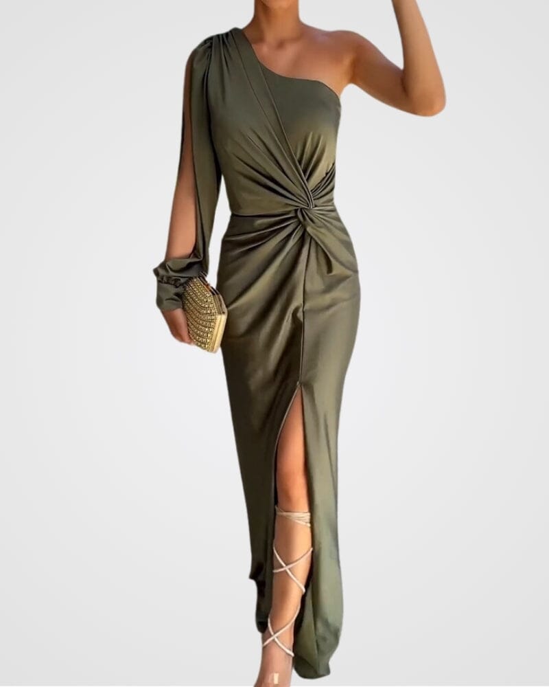 Noémie | Robe longue asymétrique à drapé noué et fente pour femme