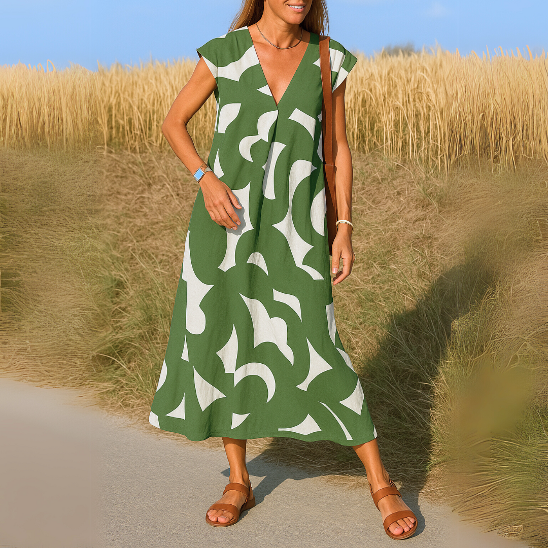Juliette | Robe longue fluide à imprimé graphique et col en V pour femme