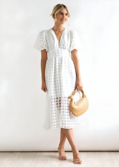 Anaïs | Robe midi à manches bouffantes et détails ajourés pour femme