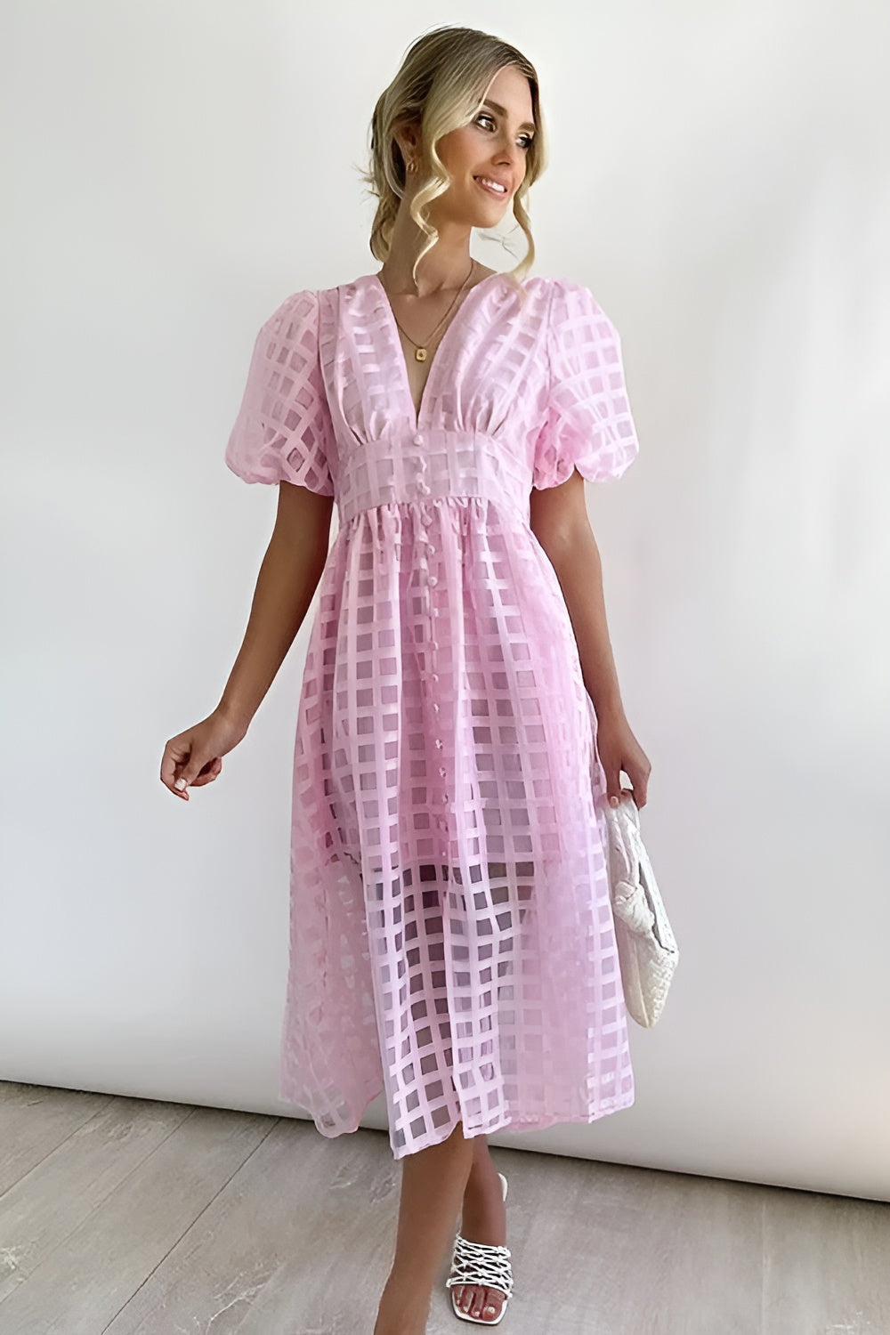 Anaïs | Robe midi à manches bouffantes et détails ajourés pour femme