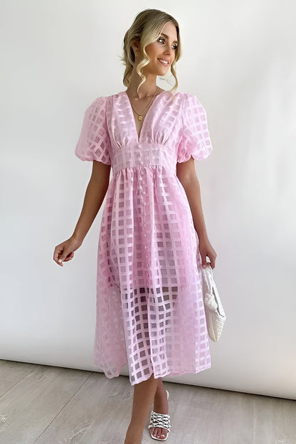 Anaïs | Robe midi à manches bouffantes et détails ajourés pour femme