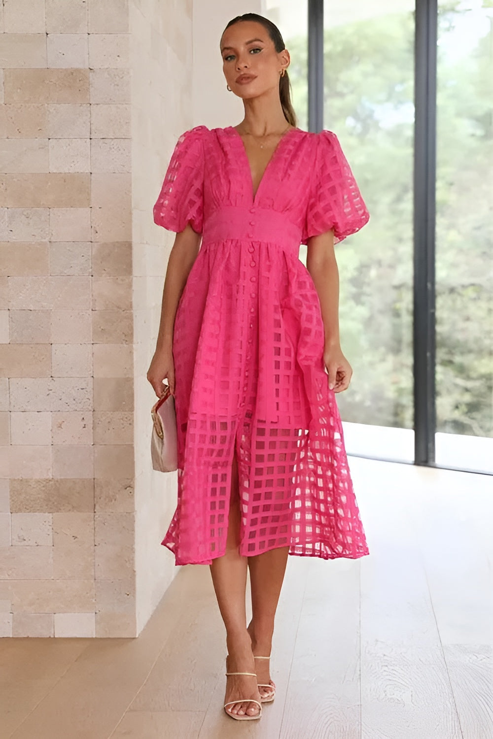 Anaïs | Robe midi à manches bouffantes et détails ajourés pour femme