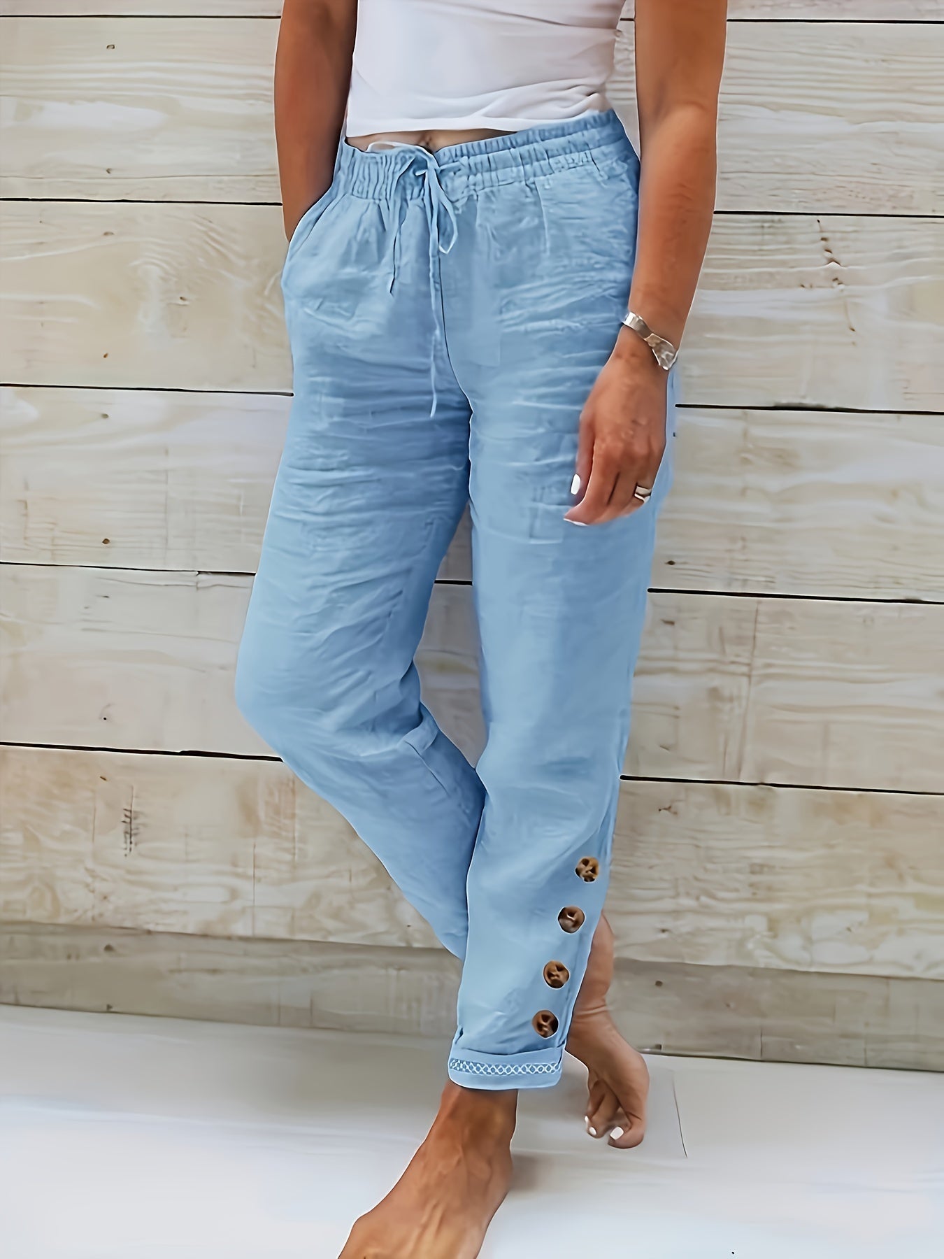 Sarah | Pantalon décontracté à taille élastique et boutons décoratifs pour femme