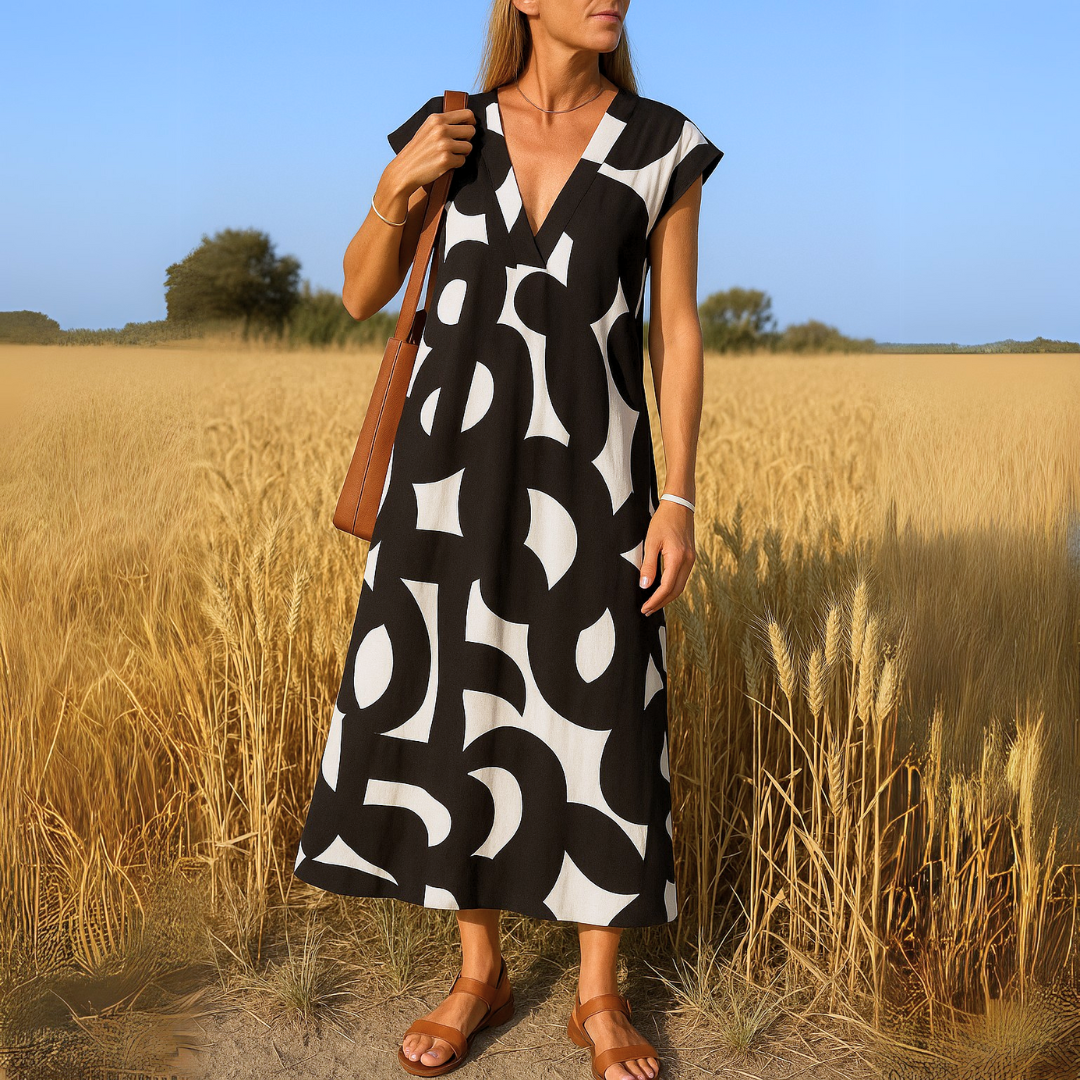 Juliette | Robe longue fluide à imprimé graphique et col en V pour femme