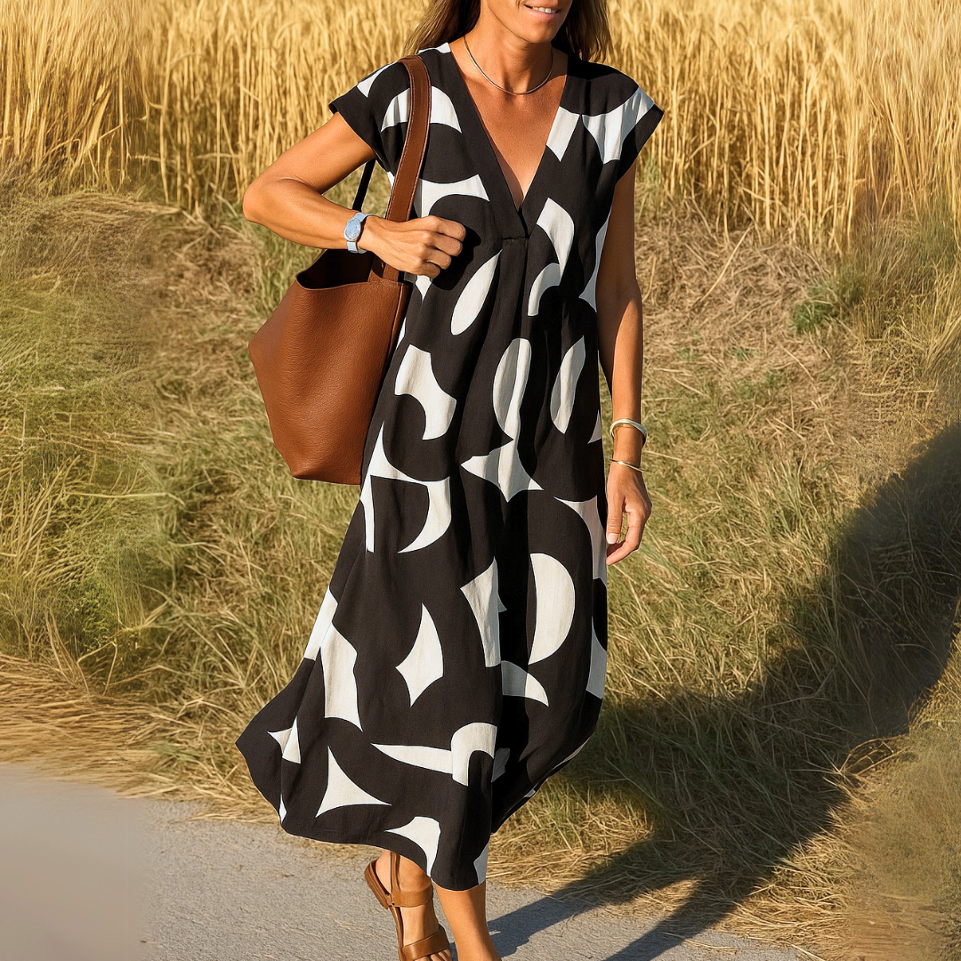 Juliette | Robe longue fluide à imprimé graphique et col en V pour femme