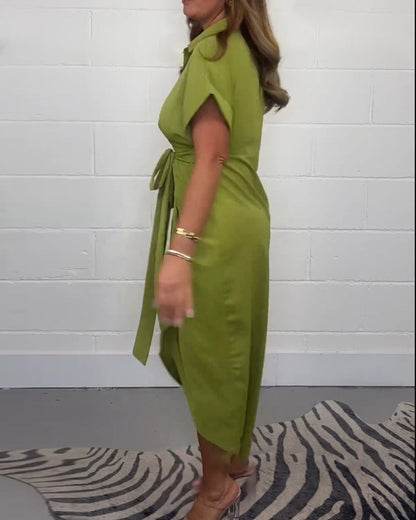 Nina | Robe midi à fronces et col chemise pour femmes