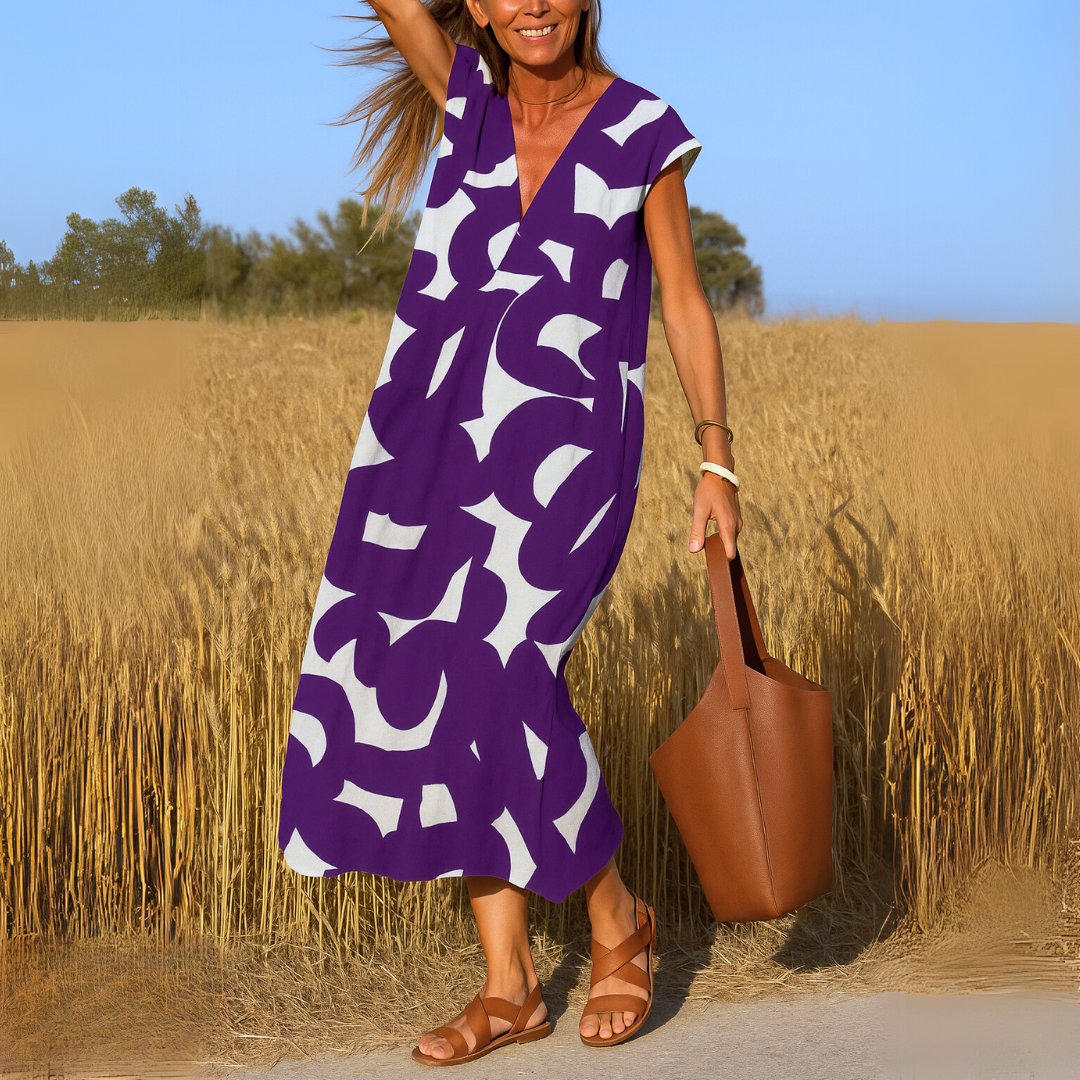 Juliette | Robe longue fluide à imprimé graphique et col en V pour femme
