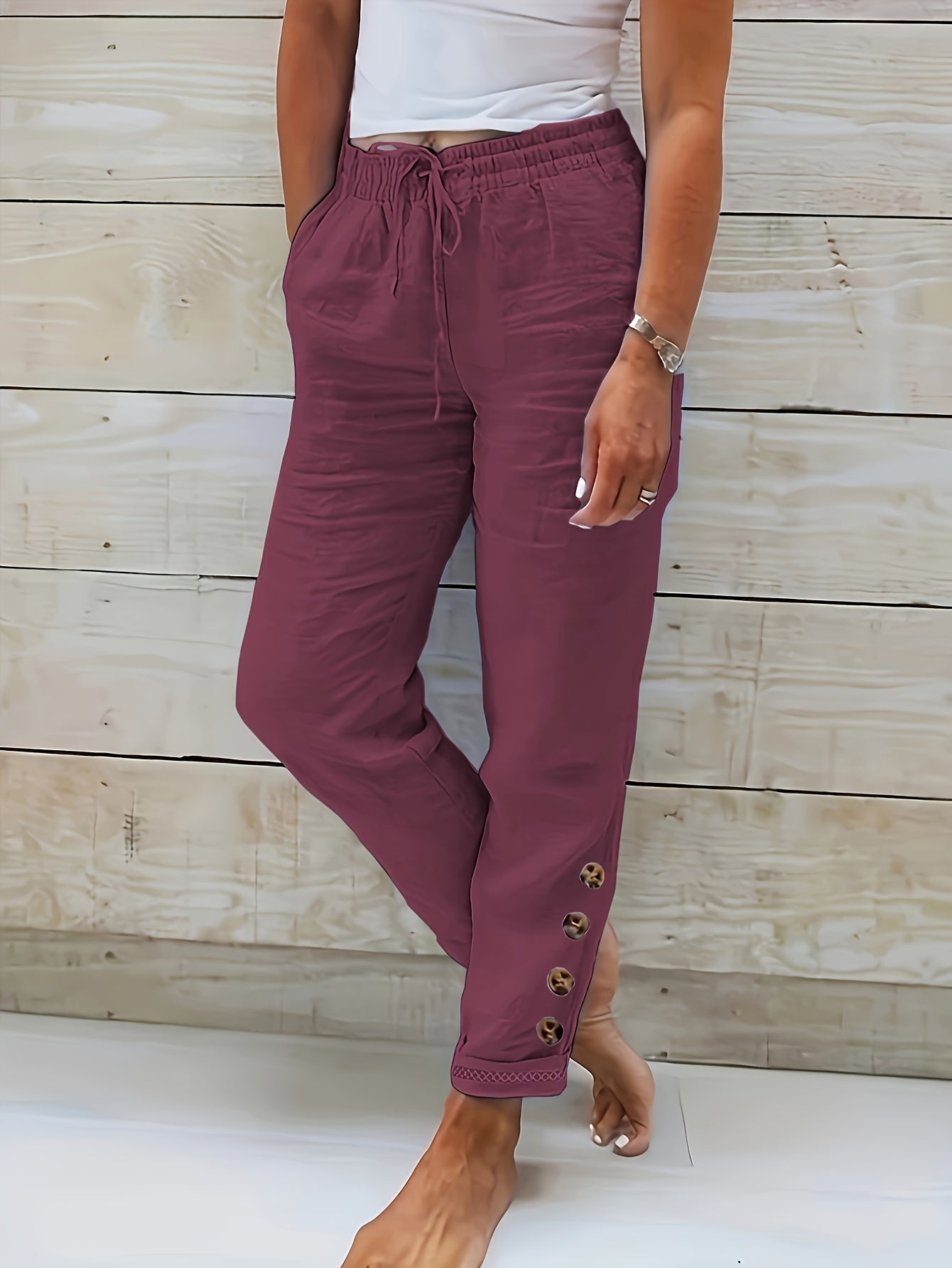 Sarah | Pantalon décontracté à taille élastique et boutons décoratifs pour femme
