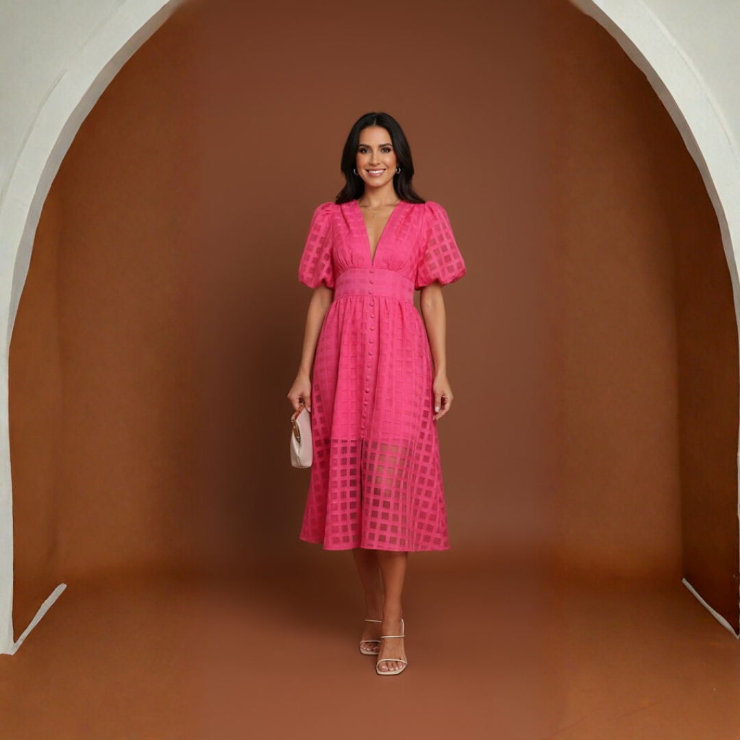 Anaïs | Robe midi à manches bouffantes et détails ajourés pour femme