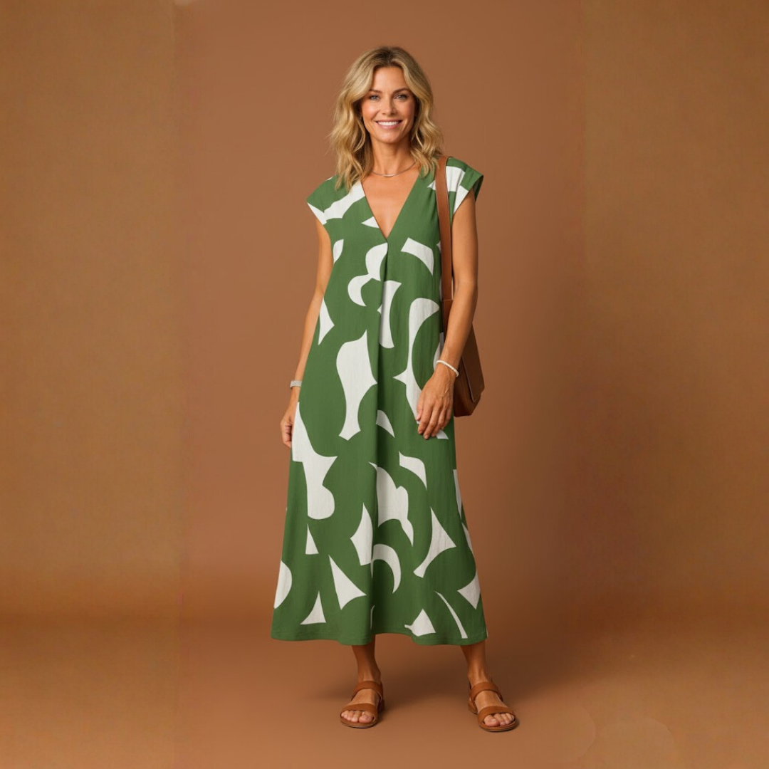 Juliette | Robe longue fluide à imprimé graphique et col en V pour femme