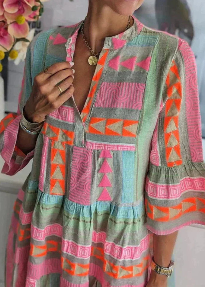 Nathalie | Robe ample à motifs géométriques et manches évasées pour femme