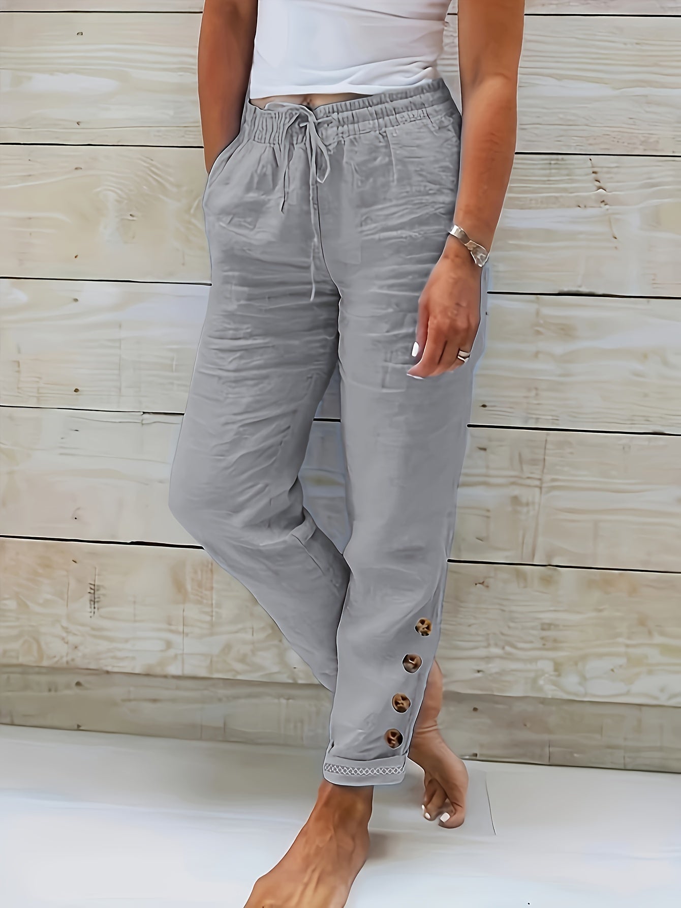 Sarah | Pantalon décontracté à taille élastique et boutons décoratifs pour femme