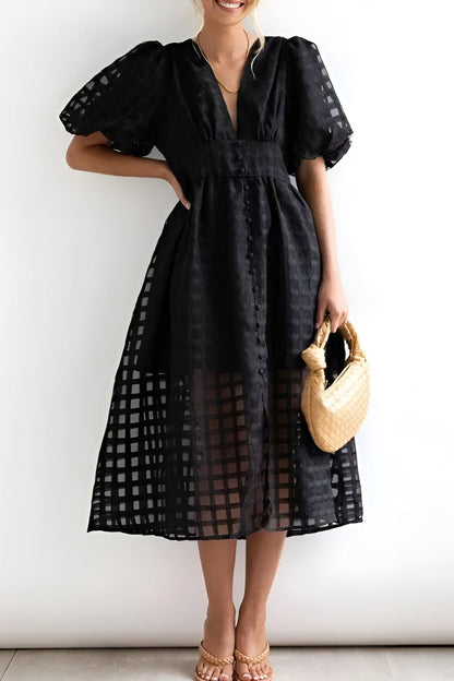 Anaïs | Robe midi à manches bouffantes et détails ajourés pour femme