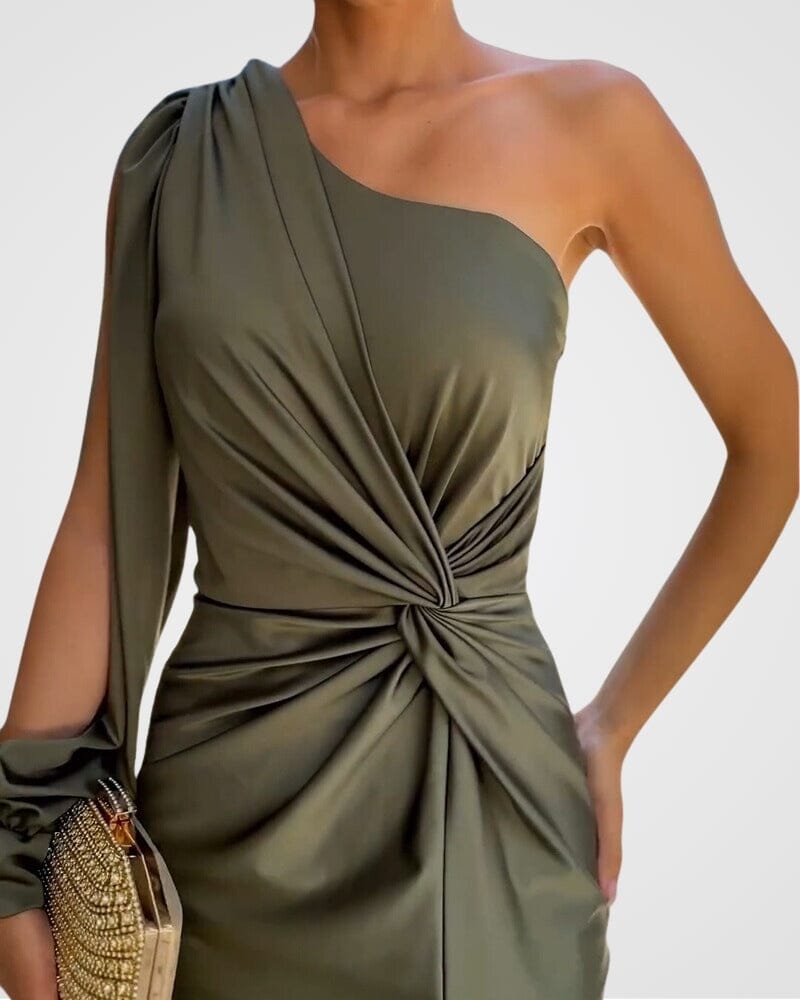 Noémie | Robe longue asymétrique à drapé noué et fente pour femme