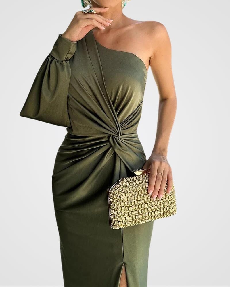 Noémie | Robe longue asymétrique à drapé noué et fente pour femme