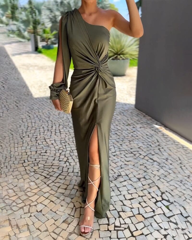 Noémie | Robe longue asymétrique à drapé noué et fente pour femme