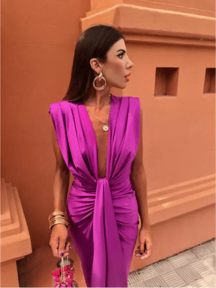 Inès | Robe sans manches à drapé central et décolleté plongeant