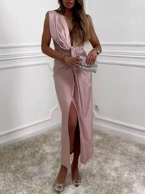 Inès | Robe sans manches à drapé central et décolleté plongeant