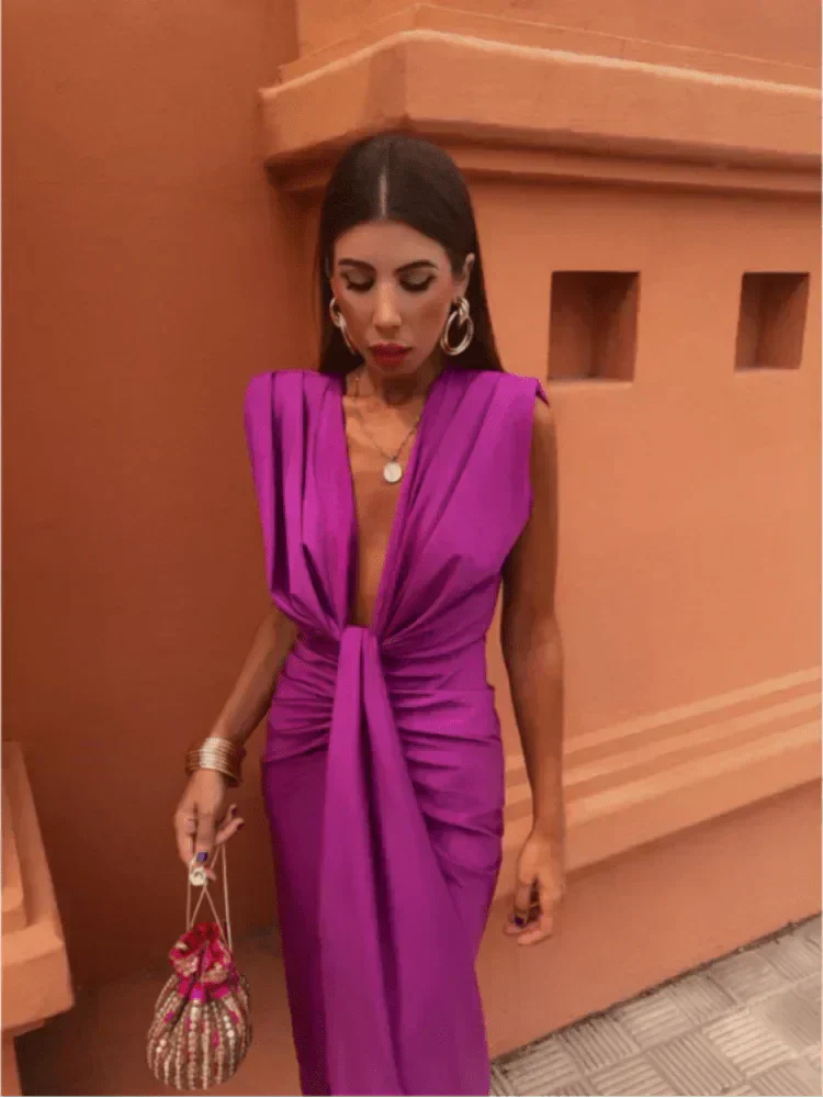 Inès | Robe sans manches à drapé central et décolleté plongeant